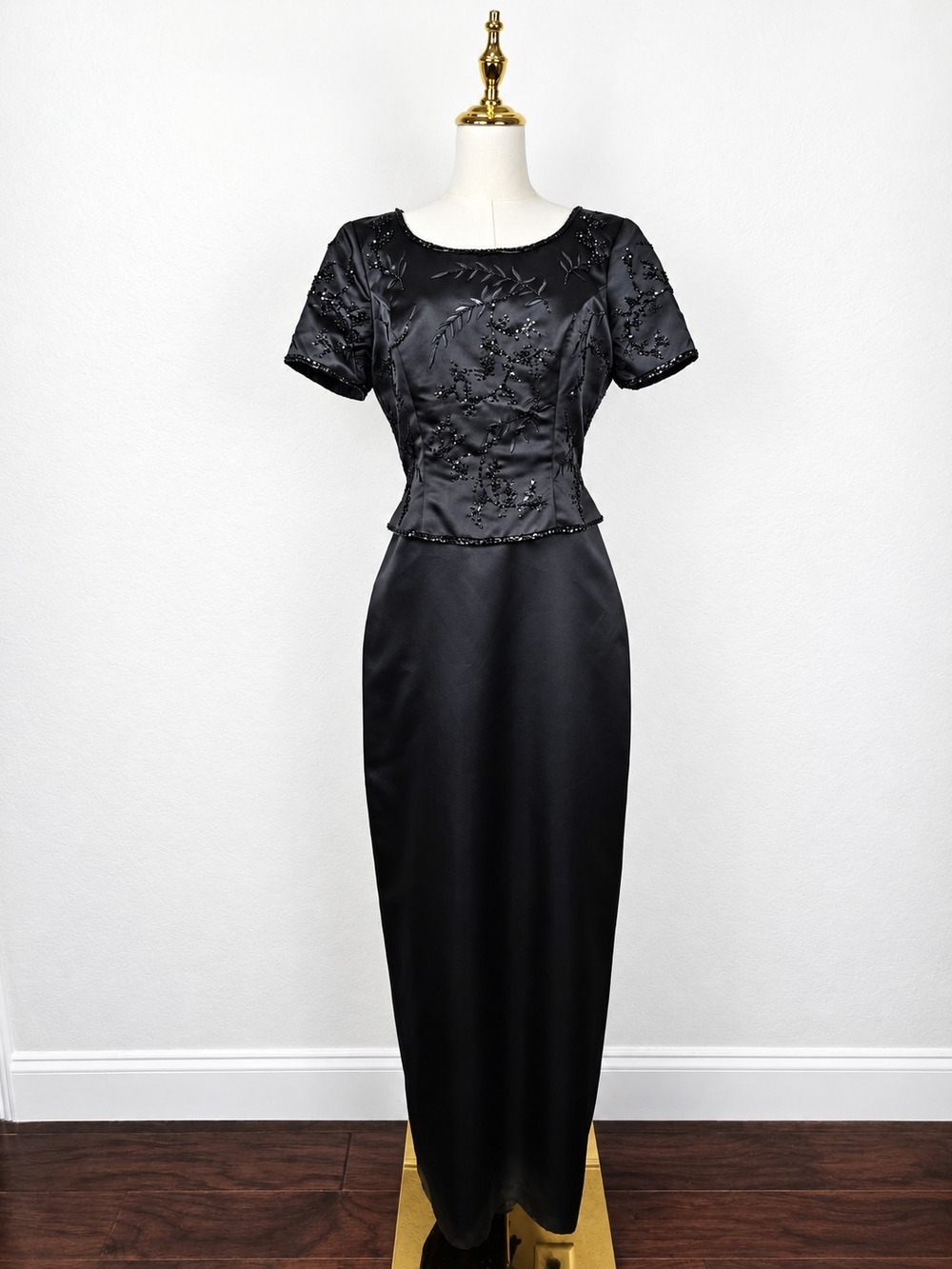 Vintage Y2K Alfred Angelo Black Beaded Satin Column Gown Dark Romantic Formal 12
